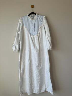Vintage Prairie Fleece Cotton Nightgown Blue Heart Gingham Lace Cotton Maxi L